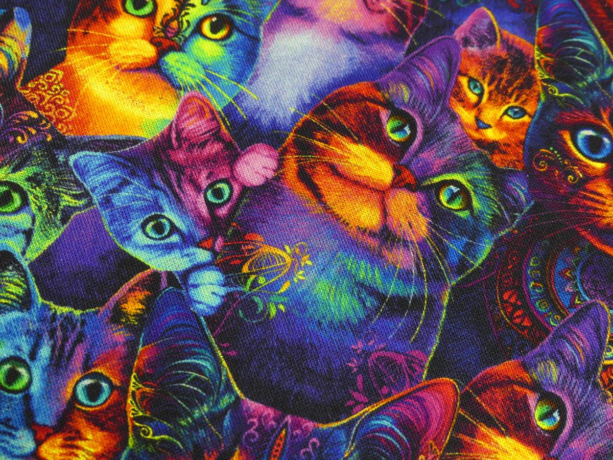 Patchworkstoff mit Katzen in leuchtenden Neonfarben Detailansicht